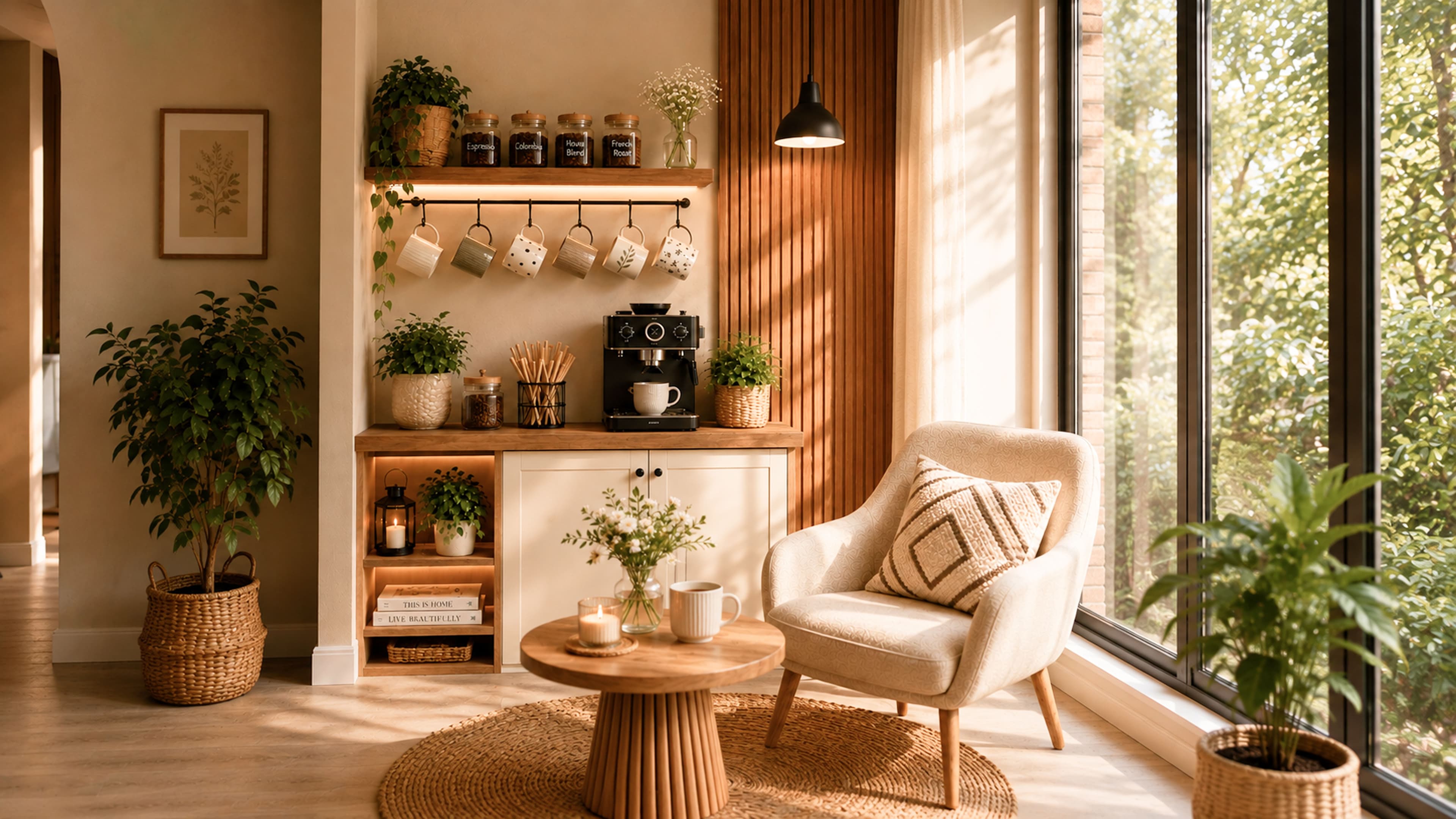 Small apartment coffee bar idea with wood shelving, hanging mugs, espresso machine, and a cozy reading chair by a sunlit window