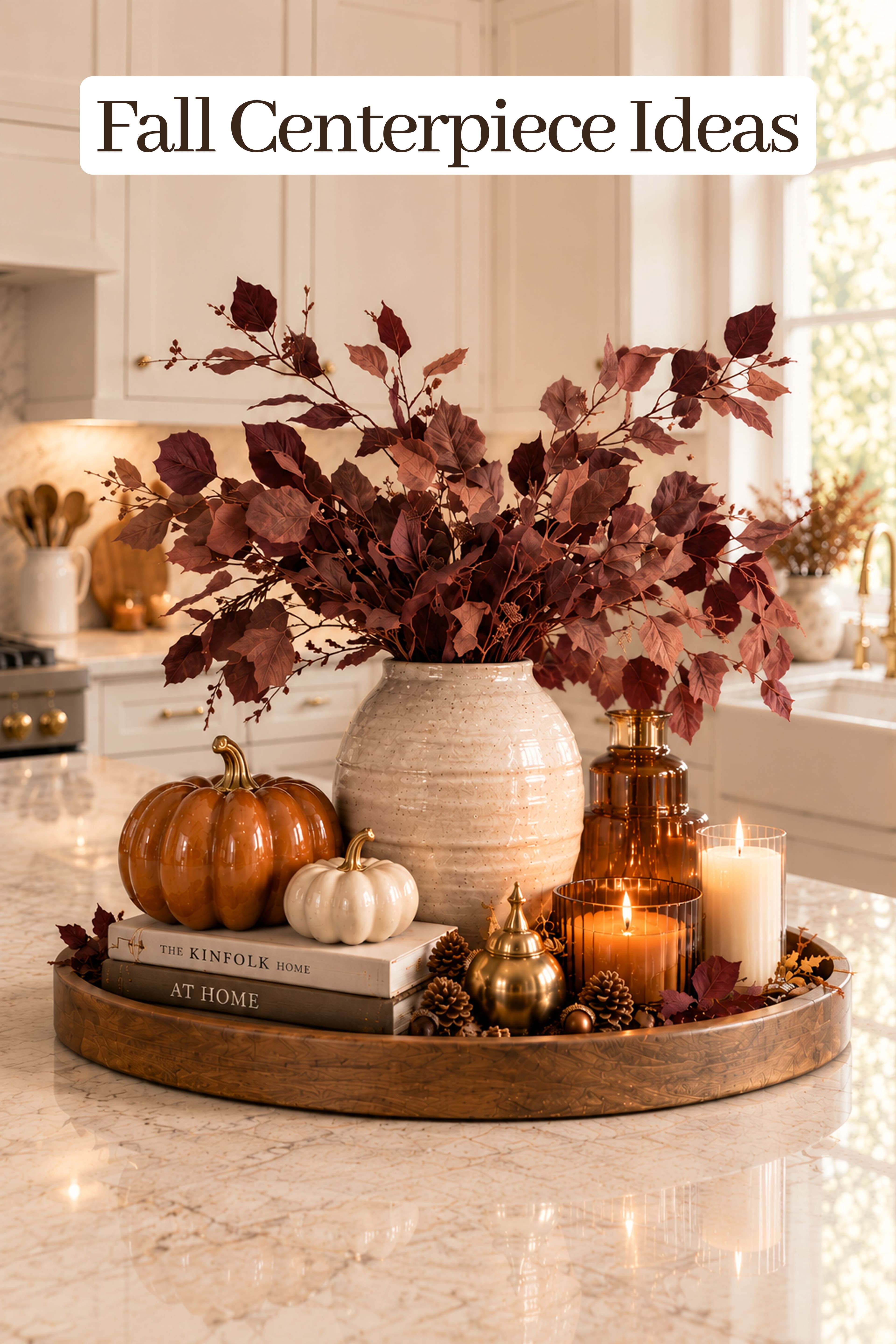 Fall centerpiece ideas with ceramic vase, pumpkins, and candles styled on wood tray