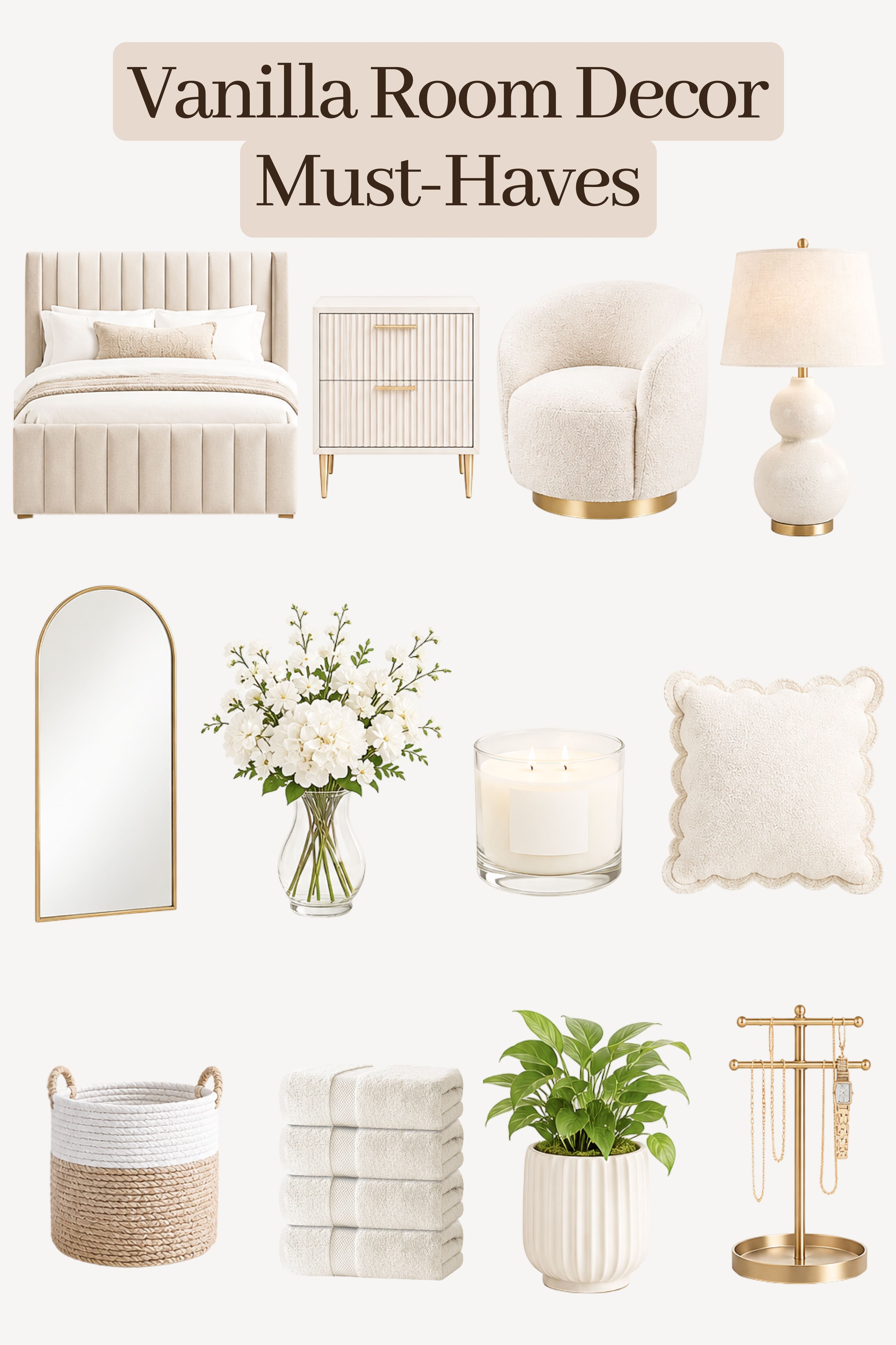 Room decor for vanilla girl aesthetic featuring a tufted cream bed, boucle chair, and brass accents