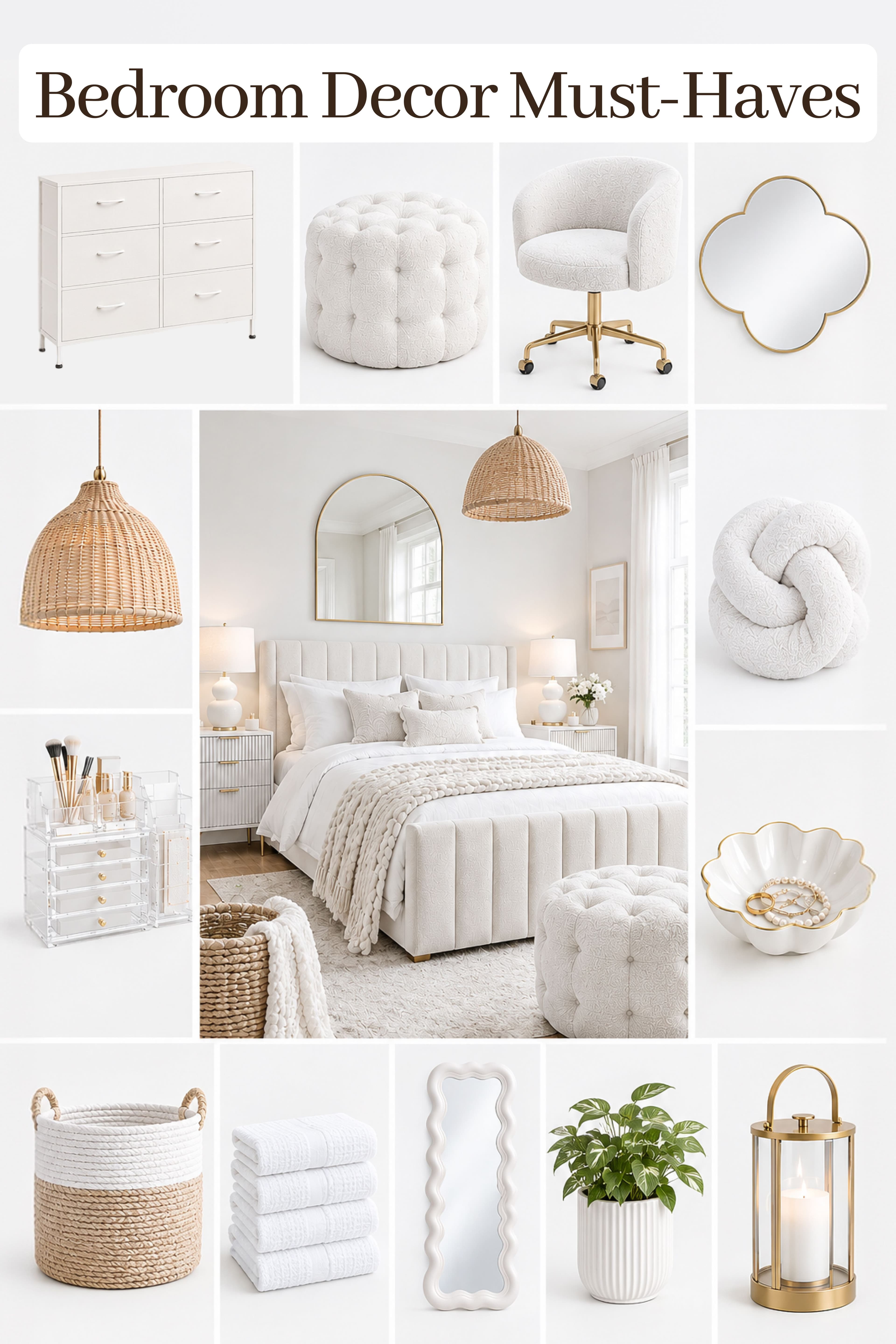 Bedroom decor must haves featuring a cream tufted bed, fluted dresser, boucle ottoman, and brass accents