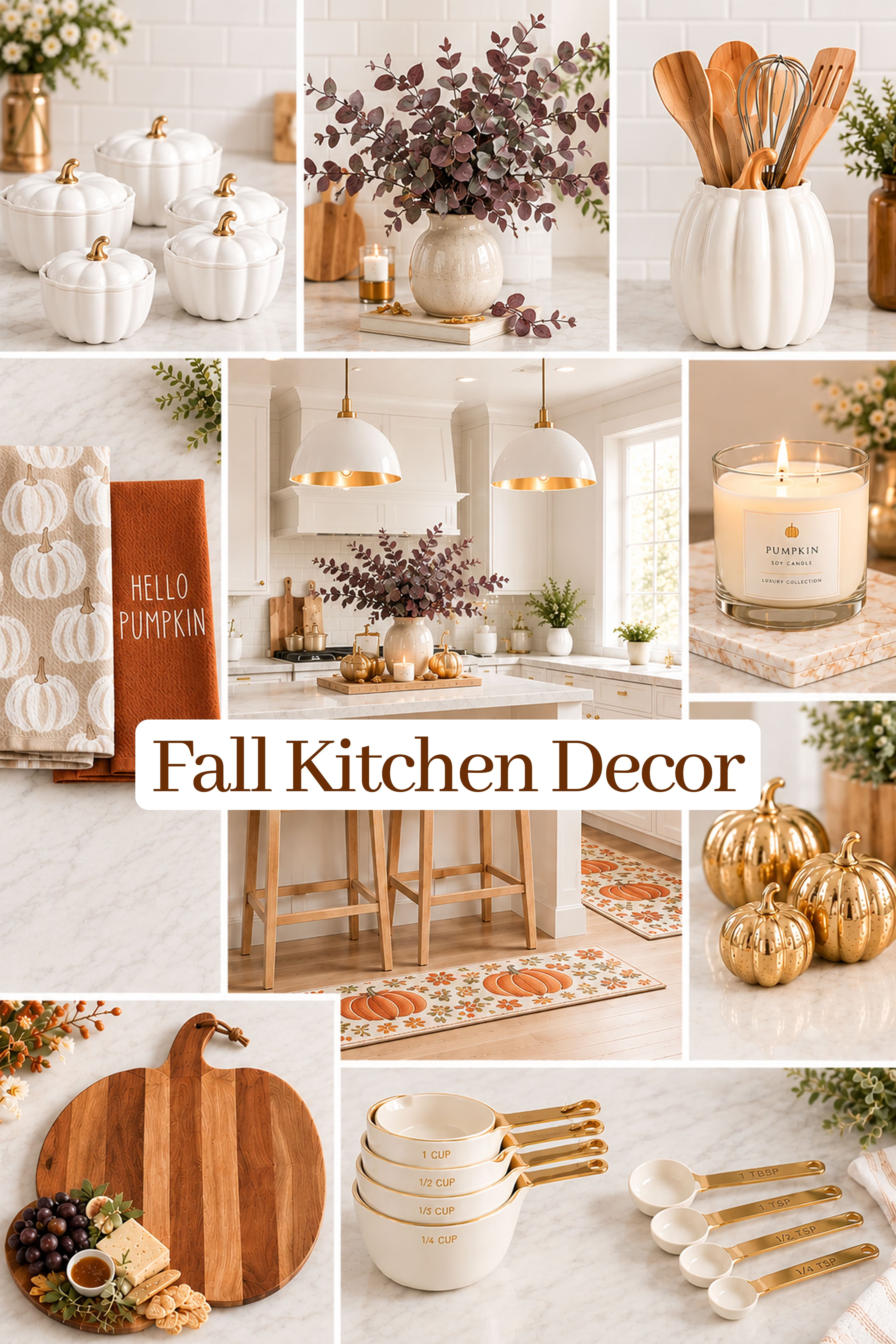 Pumpkin kitchen decor set with ceramic lidded bowls, wood utensil holder, and pumpkin cutting board styled on fall kitchen counter