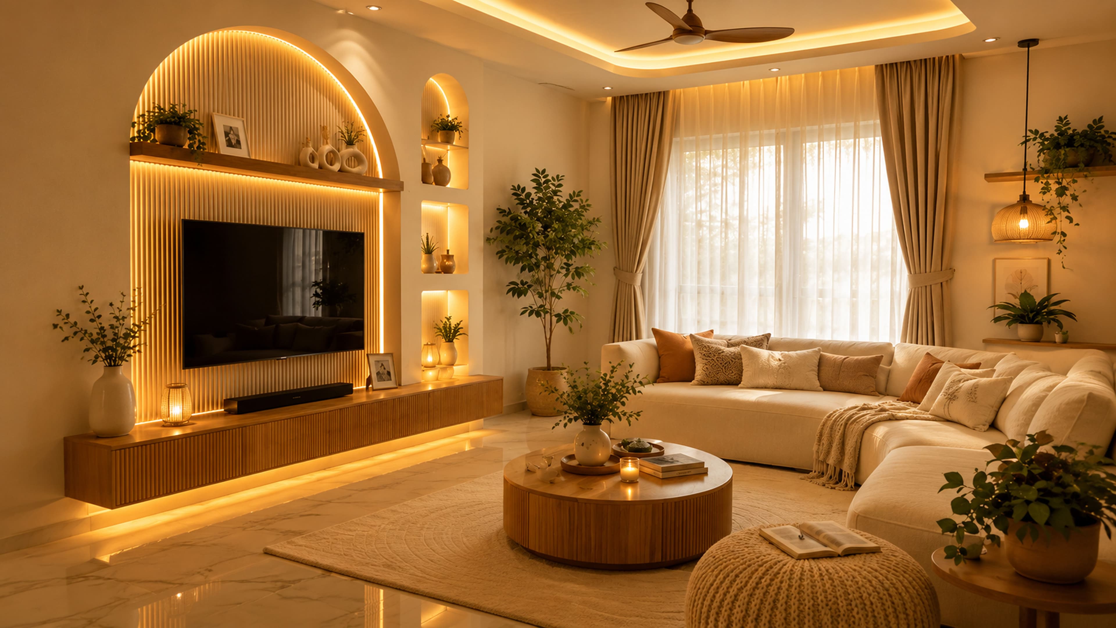 Modern living room with an arched wood slat TV wall, built in display niches, and warm hidden LED lighting