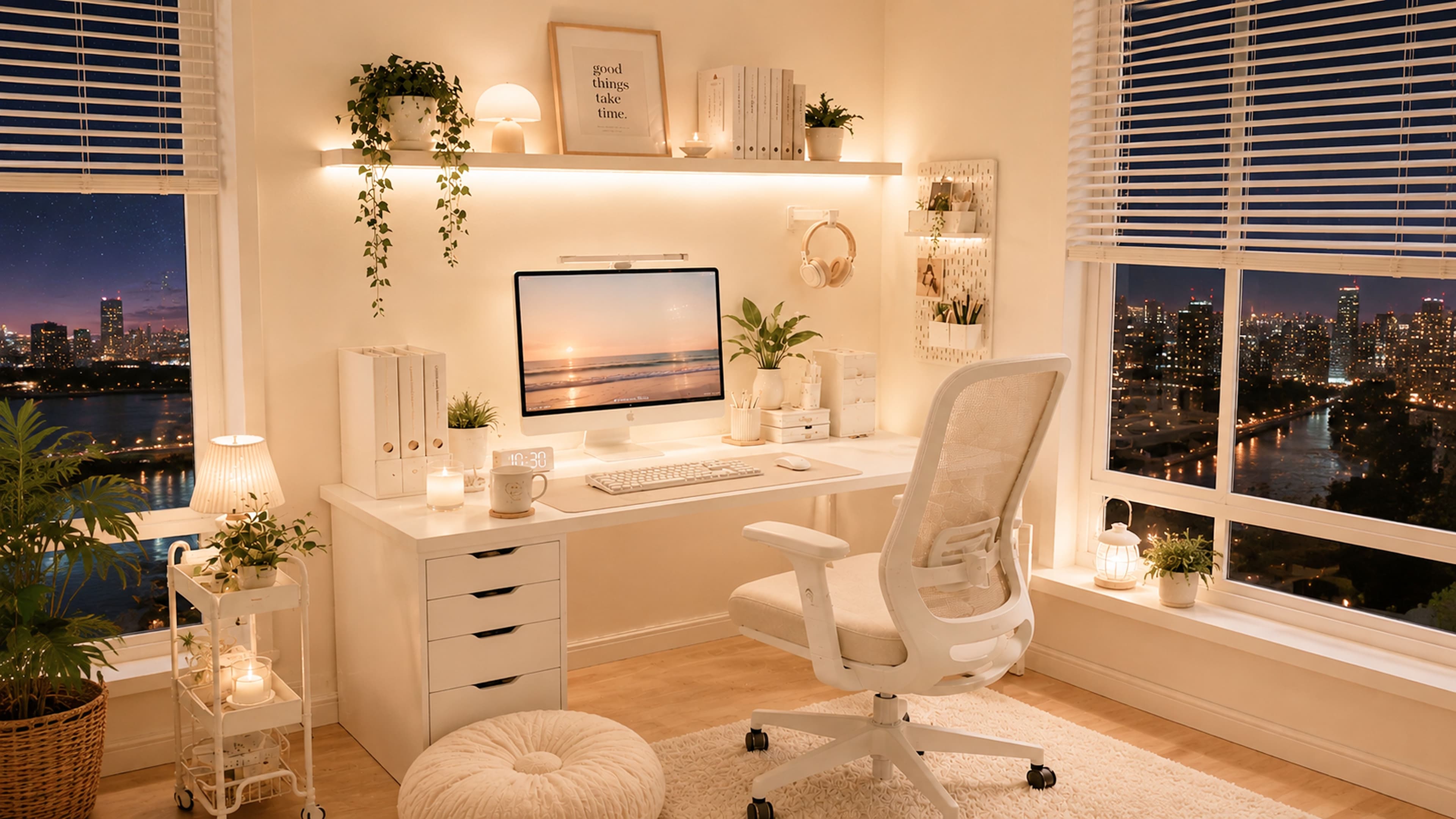 Cozy white aesthetic home office desk setup with LED shelf lighting, hanging plants, city view windows, and boucle floor cushion