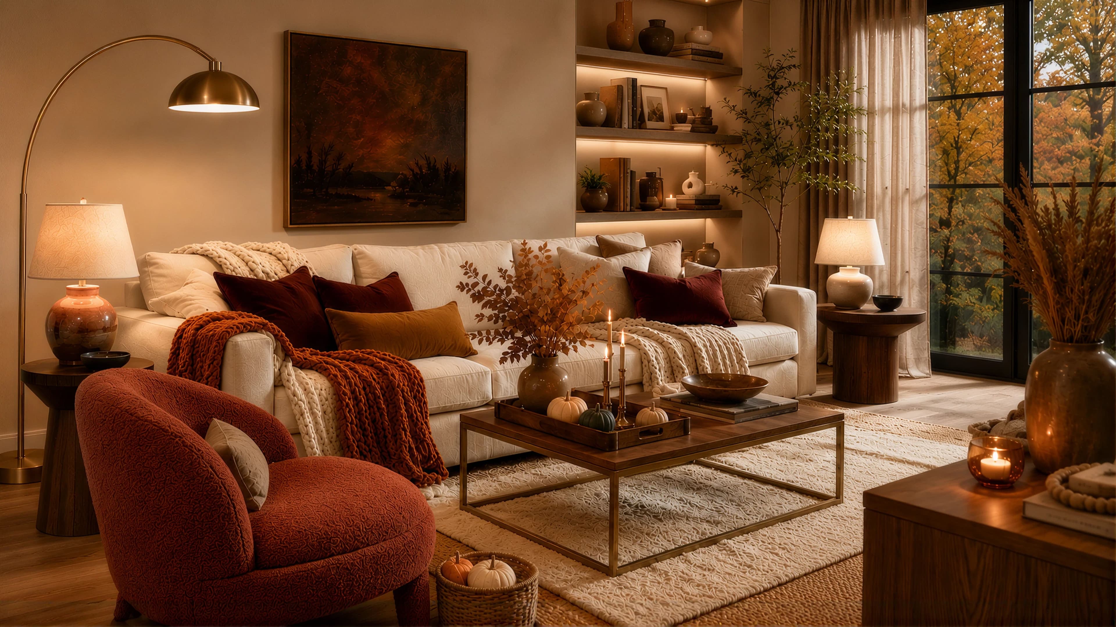 Warm moody fall living room with cream sectional, burgundy and gold velvet pillows, brass arc floor lamp, and rust boucle accent chair