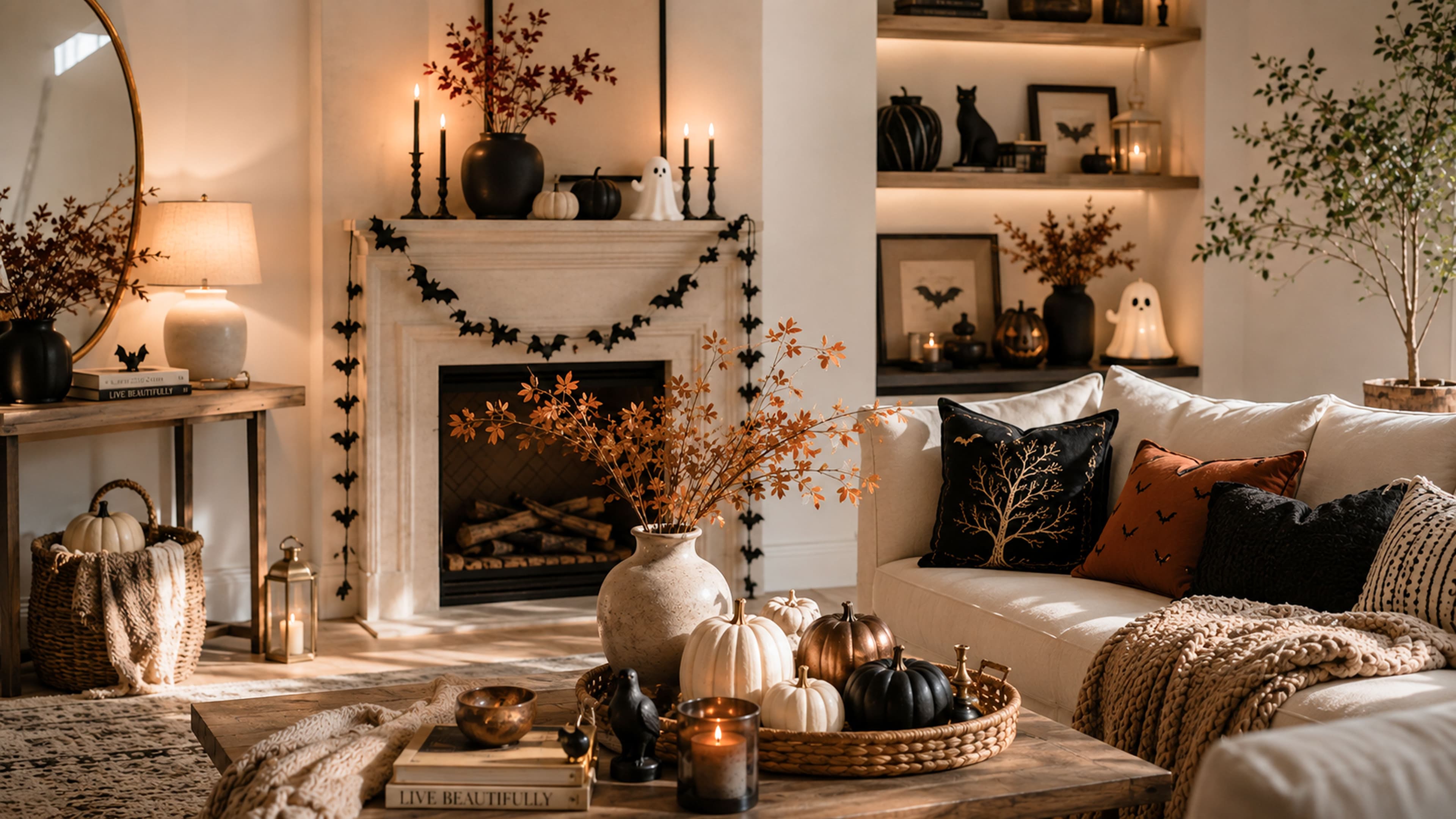 Halloween living room decor with a black cat figurine, ghost decor, bat garland, and pumpkin coffee table styling